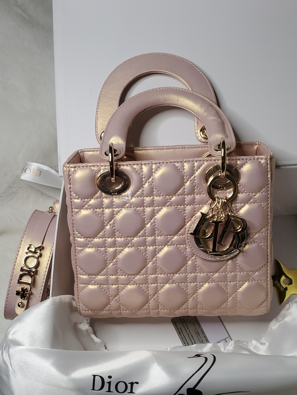 Pale Pink Lady DR Quilted Mini Tote with Gold Hardware